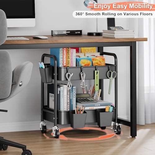 2 Tier Small Rolling Metal Cart with Wheels, Black Under Desk Storage Cart on Wheels, Short Utility Roller Carts Organizer for Pantry, Bathroom,Kitchen,Office, Two Tiered Mobile Storage Shelf Trolley - color: Matte Black, size: 2-Tier + Cups + Hooks