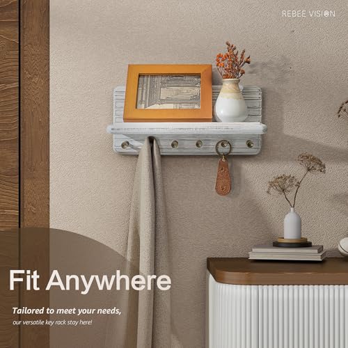 Rebee Vision Decorative Pine Wooden Key Holder Wall Mount for Apartment Essentials – Pine Wooden Key Holder for Wall with 6 Hooks & Floating Shelf – Modern Farmhouse House Decor (Whitewash) - color: Whitewash, size: Medium-11inch