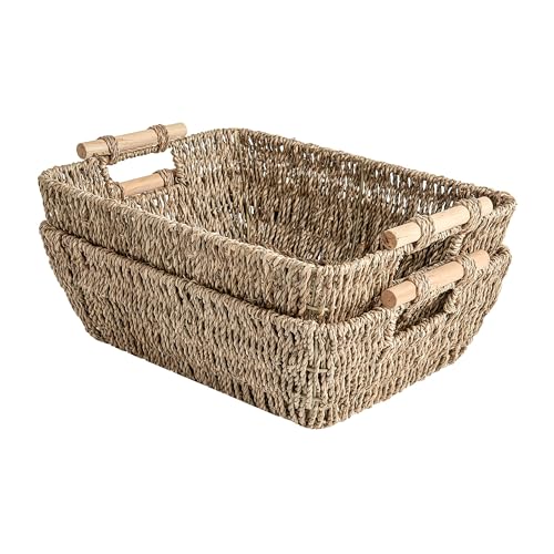 StorageWorks Hand-Woven Large Storage Baskets with Wooden Handles, Seagrass Wicker Baskets for Organizing, 2-Pack - color: Natural(Seagrass), size: Medium