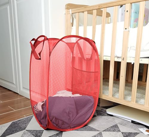 Larpur Popup Mesh Laundry Basket, Collapsible and Portable Clothes Washing Laundry Hamper with Reinforced Carry Handle (Red) - color: Red