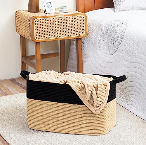 Goodpick Large Woven Storage Basket, 21.6" x 14.9" x 11.8" Rectangle Cotton Rope Laundry Basket with Handles, Baby Toy Blanket Storage for Living Room, Bedroom - color: Black Camel, size: Large(21.6"L x 14.9"W x 11.8"H)
