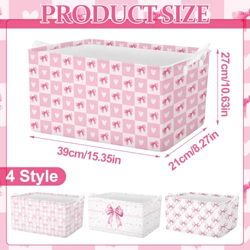 4 Pcs Pink Bow Storage Basket for Gifts Collapsible Girls Coqutte Pink Storage Bins with Handle Cute Preppy Foldable Laundry Organizer for Home Bathroom Bedrooms Baby Clothes Toys Books - style: Pink Bowknot