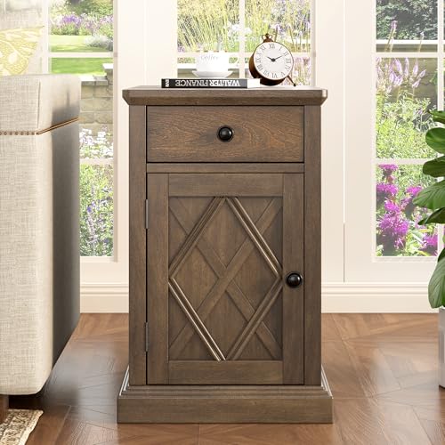 Multifunctional Classic Vintage End Table with USB Ports and 1 Drawer with Cup Holders, Sofa Side Narrow Table with Storage, Bedside Nightstand for Living Room Bedroom (Antique Brown-4.3) - color: Antique Brown-4.3