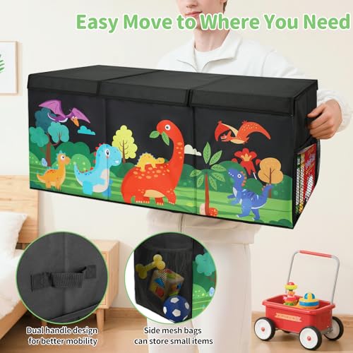 Extra Large Kids Toy Box, Foldable Toy Organizer with Dividers & Lids, 148L Dinosaur Storage Bin for Toddlers Boys Girls, Collapsible Chest for Toys, Books, Bedroom, Playroom, Nursery Black - color: Black