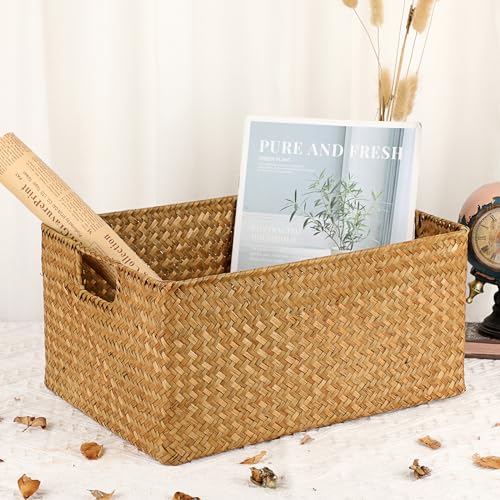 Hipiwe Seagrass Storage Baskets Bin for Shelf Handwoven Wicker Baskets Built-in Handles Rectangular Closet Bedroom Organizer Box Multipurpose Woven Basket Bins,14.6"x 10.6"x 7.1" - color: Caramel, size: Large,14.6"x10.6"x7"
