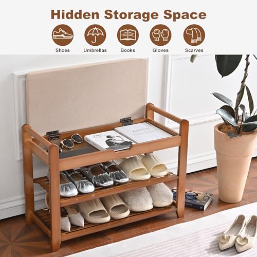 Shoe Rack Bench, Shoe Storage Bench with Cushion, 27.6in Entryway Bench with Lift Top Hidden Storage Holds Up to 330lb for Bedroom Living Room - size: 27.6in without Hooks