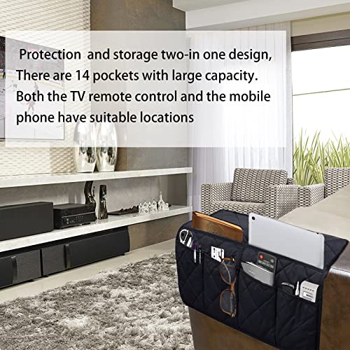 Armchair Caddy, Sofa Armrest Organizer with 14 Pockets, Waterproof Non Slip Recliner Remote Control Holder, Couch Chair Arm Storage for TV Remotes, Phone, iPad, Magazine, Books - color: Black