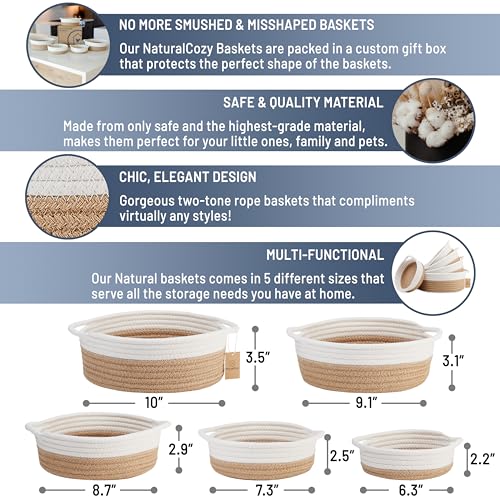 NaturalCozy 5-Piece Round Small Woven Baskets Set– Cotton Rope Baskets for Organizing! Montessori Toys, Fruits Remotes Key Tray Bowl for Entryway Desk, Shallow Catchall Home Décor, Cat Dog Bin Gift - color: Off White & Jute