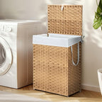 90L Laundry Hamper with Lid, Hand-Woven Pp Rattan Laundry Basket with Compartments & Handles, Removable Liner Bags,Foldable, Narrow Dirty Clothes Basket, Yellow - color: 90L-Yellow