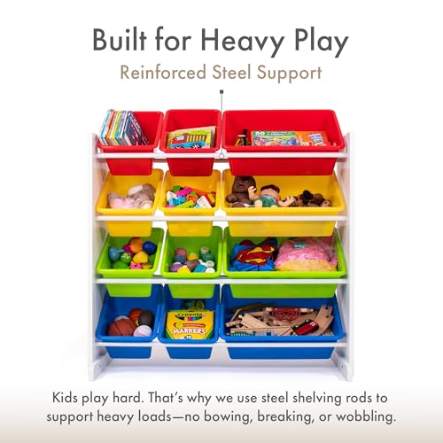 Humble Crew Toy Storage Organizer with 12 Removable Storage Bins for Kids Playroom, 4-Tier Toddler Toy Organization, White/Primary - color: White/Primary