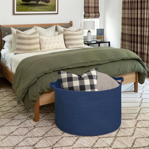MEGASKET 115L Dark Blue Basket for Organizing, 23.6" x 15.7" XXXL Woven Cotton Rope Laundry Basket, Oversized Blanket Storage for Living Room Bedroom, Kids Toy Box Organizer, Pool Towel Storage Bin - color: Dark Blue, size: 23.6"x23.6"x15.7"