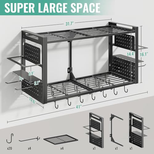 31 Inch Pot Rack Wall Mounted, 2-Tier Pots and Pans Organizer with 20 Hooks & Pan Organizer and Spice Rack, Heavy Duty Hanging Pot Hanger for Kitchen Cookware, Utensils, Black - style: without Pot Lid Holder
