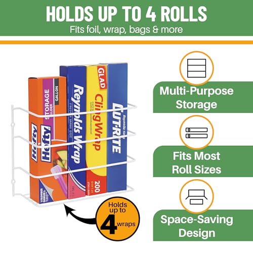 Evelots Kitchen Wrap Organizer - Hold up to 4 Plastic, Foil, Paper, Wax - Cabinet Door, Wall Rack Basket - Sandwich, Freezer, Food Bag Storage - Laundry Supplies - Plastic Coated Metal - color: White, size: 1 Pack