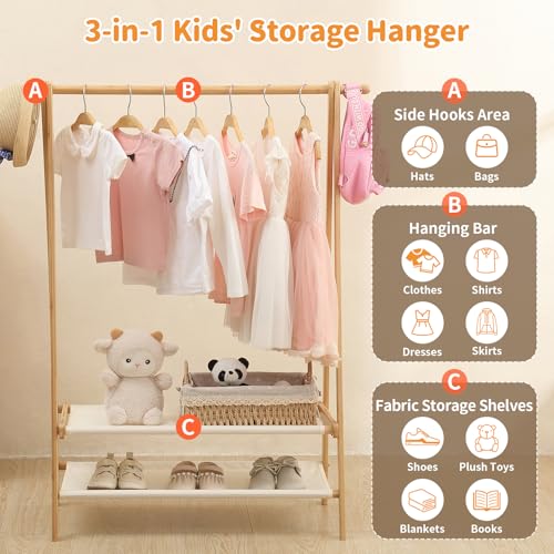 Foldable Kids Clothing Rack - Dress Up Storage with 2 Fabric Shelves, Bamboo Small Clothes Rack for Hanging Organizer, Kids Costume Wardrobe & Dress Up Rack for Bedroom, Playroom, Nursery (Natural)