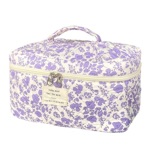 Purple Large Quilted Floral Makeup Bag Cute Soft Coquette Aesthetic Cosmetic Bag Cotton Travel Toiletry Bag for Women - color: A-Purple