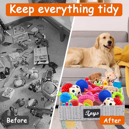Dog Toy Basket Large Durable Metal Woven Foldable Storage Bin, Living Room Bedroom Entryway Toy Storage Organizer Rustic Trapezoid Pet Basket for Dogs Puppies and Home Floor Corners - color: Grey Solid Imitation Vine
