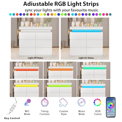 DreamDashio Modern 6 Drawer Dresser with Flip-Top Storage, Chest of Drawers for Closet with Floating LED Lights & Charging Station, Double Wide Drawer Organizer Cabinet for Bedroom, Living Room, White - color: White