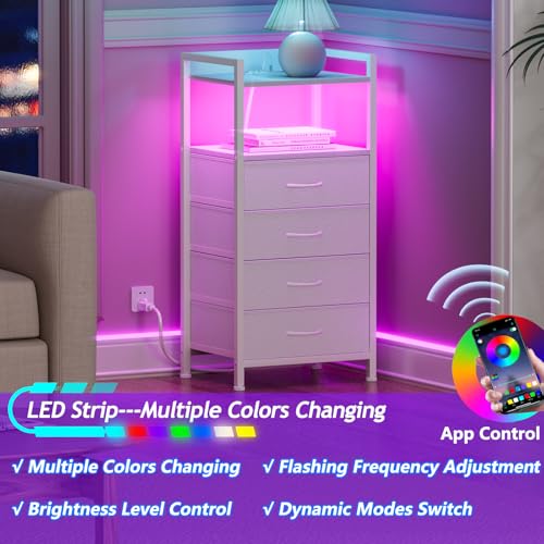 Furnulem White Nightstand with Charging Station, Night Stand Side Table with Led Light, Tall Dresser for Bedroom with 4 Fabric Storage Drawers, Metal Frame, Wood Shelf(White) - color: White, style: 4 Drawer