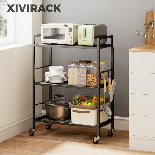 3-Tier Metal Storage Rack with Industrial Wheels,Mesh Shelving Unit with Wooden Table top,Adjustable Shelf,23.6-Inch Width,for Kitchen,Laundry,Pantry,Plant,Black - color: Brown Panel, size: 3 Tier (23.6"W x 11.8"D)