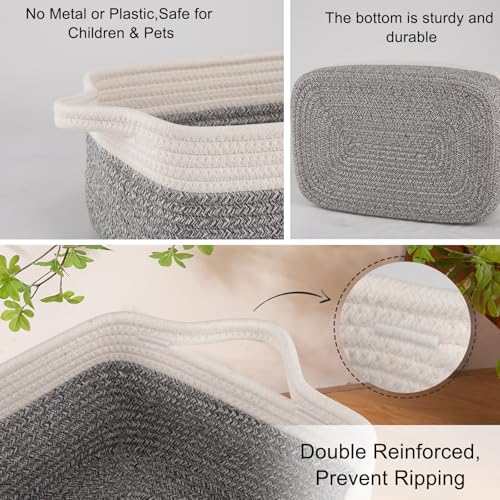 OIAHOMY 3 Pack Storage Baskets for Organizing, Woven Cotton Rope Basket for Shelves, Closet Organizer Bins with Handles, Rectangle Toy Organization, 13.78''×9.84''×5.5'', Grey & White - color: Grey variegated, size: 13.8''×9.8''×5.5''