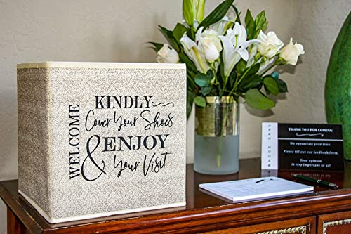 Shoe Cover Box - Welcome Guests to Please Cover Shoes. Indoor Foldable Storage Bin to Fill w/your Favorite Booties. For Homeowner, Real Estate Agent, Realtor Open House Supplies | 1 Beige & Black - color: Beige and Black, size: 1