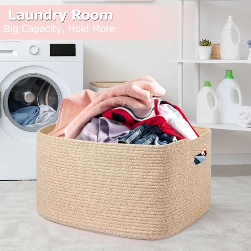Large 75L Woven Laundry Basket, Collapsible Cotton Rope Storage Hamper for Blankets, Toys, Dirty Clothes, Rectangle Nursery Basket for Living Room, Bedroom, Baby Room - Brown - color: Brown