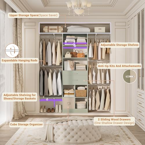 Small Closet System - 5FT Closet Organizer System with Wooden Drawers, 60 Inches Walk In Closet System With 5 Hanging Rods, Can Fit 1.58 to 6.8 FT with Reversible Hanging Shelving, Crab Green - color: Crab Green, size: 5FT