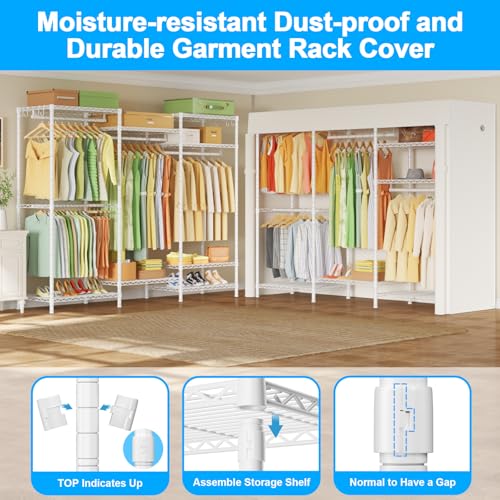 Ulif E13C Heavy Duty Closet Organizer System，Freestanding Clothing Racks for Hanging Clothes，Adjustable Garment Rack 63" W x 16" D x 77" H Hold 960 lbs，White Clothing Rack with White Dustproof Cover - color: White Rack with White Cover, size: E13C