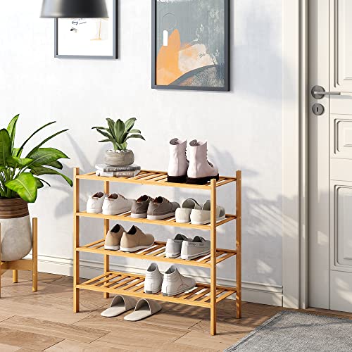 BMOSU 4-Tier Bamboo Shoe Rack Premium Stackable Shoe Shelf Storage Organizer for Hallway Closet Living Room Entryway Organizer (Natural Bamboo) - color: Natural Bamboo, size: 4-Tier（27*11*25.2inches）