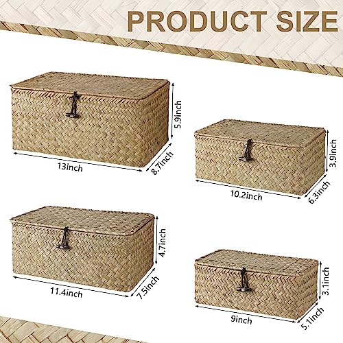 Woanger Set of 4 Wicker Storage Baskets Organizer，Handwoven Storage Bins with Lid for Organizing, Home Utility Box for Home Office Supplies Multipurpose Container(Natural Color) - color: Natural Color
