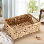 Woven Open Storage Bins Large Wicker Shelf Basket with Built-in Handles Natural Water Hyacinth Storage Baskets for Toiletries Books Fruits Organizing,15 x 10.2 x 5 inches - size: 15"L x 10.2"W x 5"H