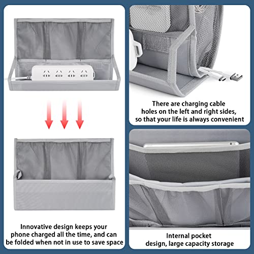 Bedside Storage Organizer with Power Strip Holder and Adjustable Straps Bed Hanging Bag for Home Bunk Bed Dorm Sofa (Light Gray) - color: Light Gray