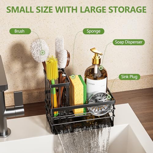 Cisily Sink Caddy Sponge Holder for Kitchen with Brush Holder and Stainless Steel Self Drain Tray, Rustproof Kitchen Sink Organizer for Sponge, Soap Dispenser Storage Accessories (Black) - color: Black