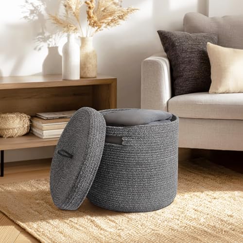 Storage Basket with Lid, Woven Blanket Storage for Living Room, Cute Cotton Rope Bin with Lid, Round Wicker Laundry Basket with Cover, Decorative Kid Dog Toy Box, Nursery Organizer, 15"x13" - color: Black