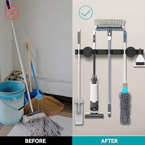 Magnetic Mop Broom Holder, Strong Non Slip Magnetic Broom Mop Hanger, Heavy Duty Magnetic Hooks for Hanging Shovel Rake Tools, Wall Mounted Utility Storage Magnet Rack (5 Rack) - color: 5 Rack - Broom Mop Holder