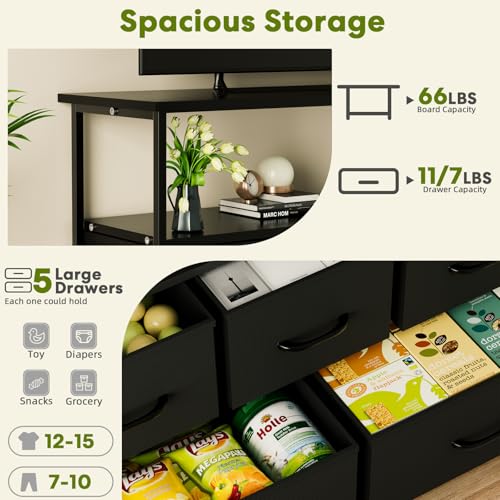 Simple Deluxe TV Stand Dresser for Bedroom Entertainment Center with 5 Fabric Drawers, Storage Organizers Units for Living Room, Media Console Table with Open Shelf up for 45" TV, Black, Wood top - color: Black, size: 39.3"D x 11.8"W x 31.8"H (5 Drawers)
