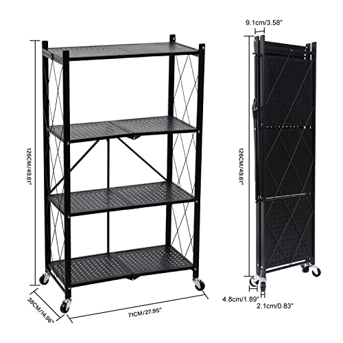 4-Tier Heavy Duty Foldable Metal Rack Storage Shelving Unit with Wheels Moving Easily Organizer Shelves Great for Garage Kitchen, Black - color: Black, size: 4-Tier
