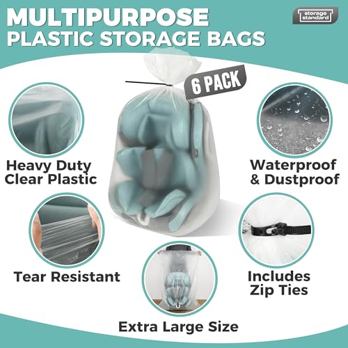 Storage Standard Large Clear Plastic Bags for Storage 6-Pack - Waterproof Extra Large Plastic Bags with Zip Ties, Heavy-Duty Cover for Pillows, Comforters, Chair Cushions & Textiles - 36 x 50 Inches - size: 36'' x 50’'
