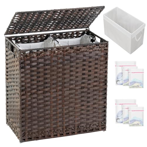 SETVSON Laundry Hamper with Lid Wicker Laundry Basket 112 L (29.6 Gal) Laundry Hampers Handwoven Rattan Laundry Hamper with Handles 3 Removable Washing Bag, 6 Mesh Bags for Bathroom Bedroom Brown - color: Brown, size: 29.6 Gal