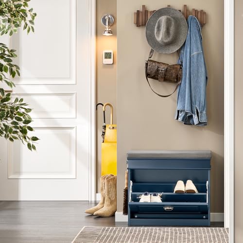 Haotian Small Shoe Storage Bench, Narrow Shoe Cabinet Entryway with 1 Flip-Drawer and Seat Cushion, Mini Shoe Rack Hallway Entrance Mudroom, Navy Blue FSR82-K-B - color: Navy, size: 1 Drawer:24x9.4x20"
