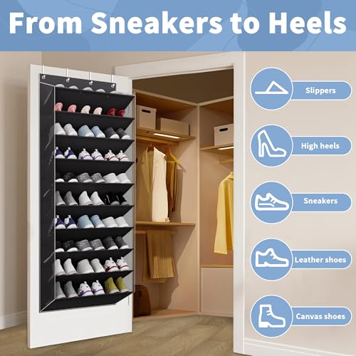 TAHAVICE 10-Tier Large Size Over The Door Shoe Organizer, Holds 30 Pairs Hanging Shoe Rack with Deep Pockets for Closet, Space-Saving Storage for Sneakers, Boots (Black) - color: Black
