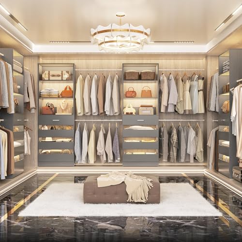 Aheaplus Closet System, 6-15Ft Closet Organizer with 8 Wooden Drawers, Wood Closet Organizer System with Tower, Walk-in Closet Organizer Wardrobe Garment Clothes Rack with 4 Hanging Rods, Grey - color: Grey