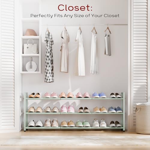 Bumusty 3-Tier Long Expandable Shoe Rack for Closet, 18"-44" Adjustable Shoe Rack for Entryway, 15-18 Pairs Large Shoe Organizer Shelf Storage, Sturdy Metal, Green - color: Green, size: 3-Tier