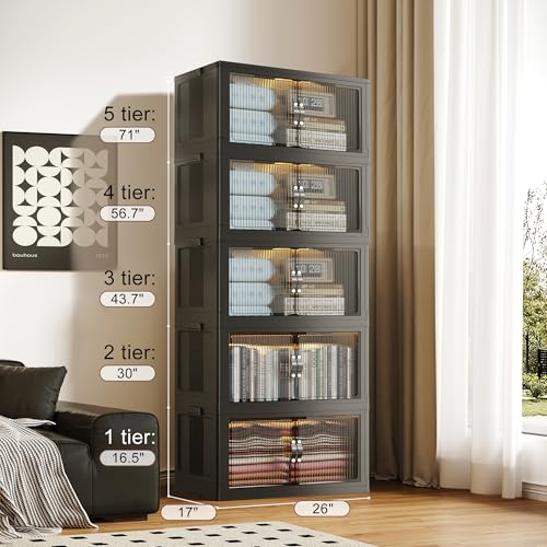SAILUN 145Gal/580Qt Collapsible & Stackable Storage Bins with Door & a Lid,Perfect for Blanket Storage, Pillow Organizer, Bedroom Closet & Living Room, Black 26" W x 17" D x 71" H - color: Black, size: 1 Lid 5 Pack-26" W x 17" D x 71" H