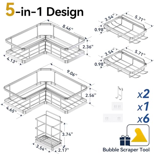 YASONIC Corner Shower Caddy Organizer, 5-Pack Self-Adhesive Rustproof Bath Shelves with Soap Holder & 4 Hooks, Large Capacity Shower Storage Rack for Bathroom Organization, Silver - color: Silver, size: 5Pack
