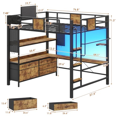 Dnxao Full Loft Bed with Desk and 5 Storage Drawers, 800lb Capacity Heavy Duty Metal Bed Frame for Adults & Teens, LED Lights, Charging Station, Pegboard & Shelves, Rustic Brown | Clothes Rack - color: Rustic Brown, size: Full loft bed with 5 drawer