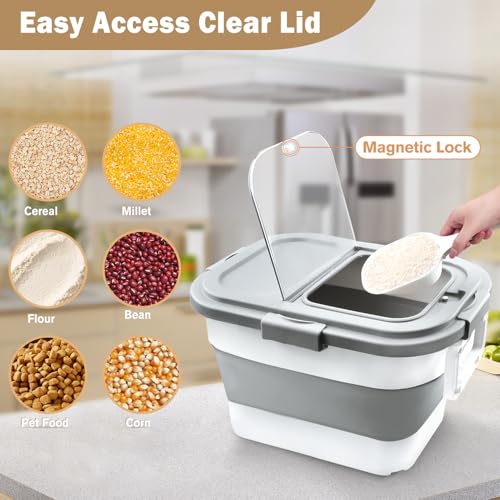 Komzon Rice Storage Container, Collapsible Airtight Food Storage Containers 20-30 Lbs, Rice Dispenser Bin with Cup and Scoop for Flour Cereal Pasta Grain, Cat Bird Pet Dog Food Storage Container - size: 20-30 Lbs
