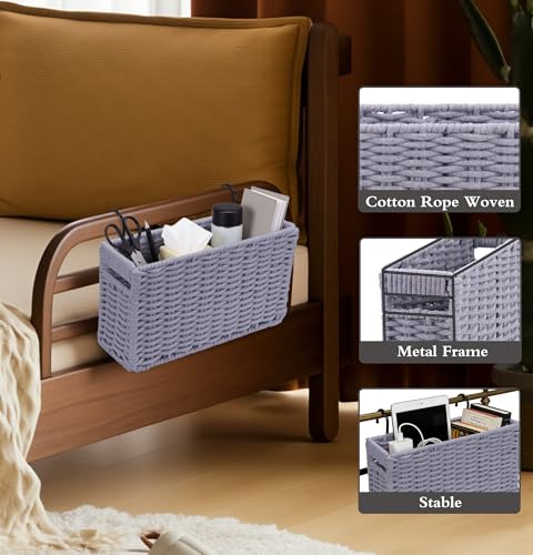 Cotton Rope Woven Bedside Caddy for Dorm Bed, Foldable Bedside Shelf Bunk Bed Accessories, College Dorm Room Essentials Hanging Organizers Storage Basket, Room Decor Magazine File Holder (Gray) - color: Gray