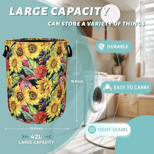 Yellow Sunflowers Laundry Basket Foldable With Handles Tote Bag Oxford Cloth Colorful Floral Laundry Hamper Clothes Storage Bucket Toy Organizer 18.9" x 16.5" For Bathroom/Laundry/Bedroom - color: Yellow Sunflowers Floral