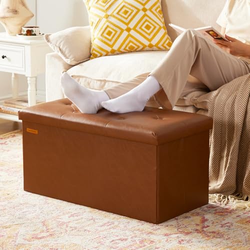HAUSFRAU - Storage Ottoman Bench, 30 Inches Button Tufted Upholstered Ottoman Footstool with Storage for Living Room Bedroom Entryway, Load 660 lb, Synthetic Leather, Brown - color: Retro Brown, size: 15"D x 30"W x 15"H